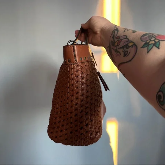 Brown Leather Tote with Woven Design - Picture 2 of 5